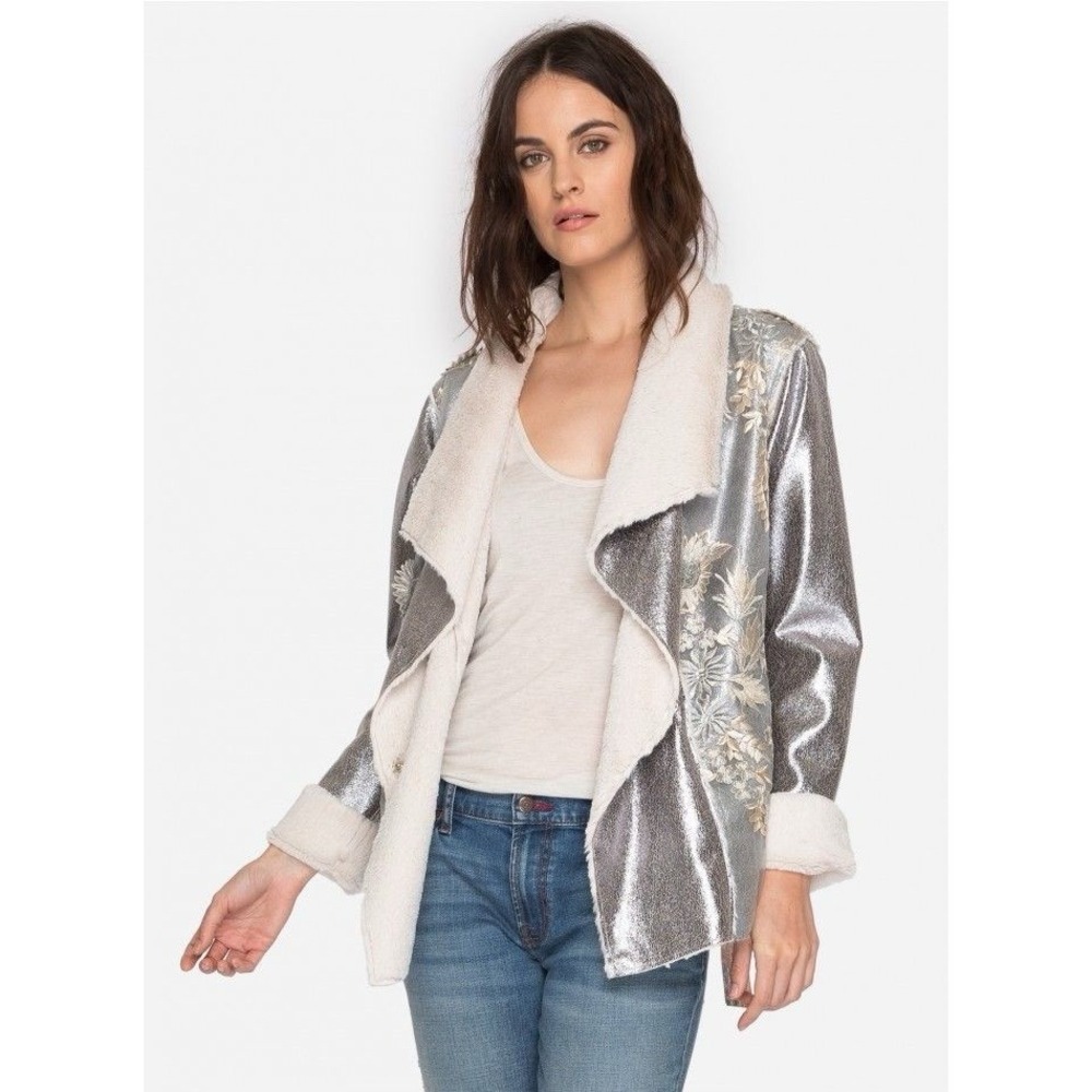 Women's Johnny Was Biya Silver Crackled Shearling Jacket W/ Floral Embroidery XL